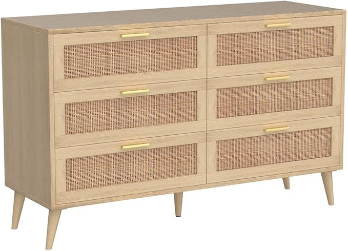 Rovaurx Rattan 6 Drawer Double Dresser for Bedroom, 47.2" Wide Boho Chest of Drawers, Modern Wooden Dresser Chest with Golden Handles, Beside Table for Closet, Living Room and Entryway, Natural Oak