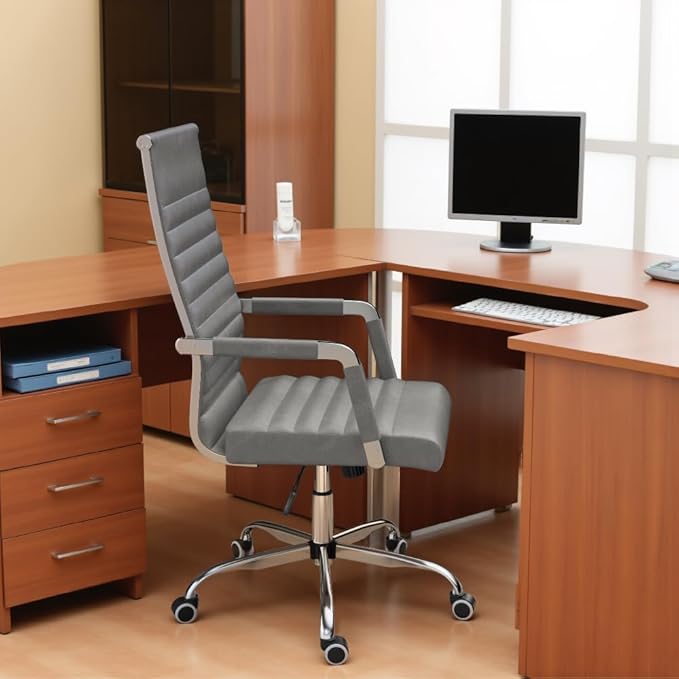 Furmax Ergonomic Office Desk Chair, Executive Ribbed Mid-Back PU Leather Conference Room Chair Adjustable Swivel Chair with Arms (2, Bicolor Vintage Grey)