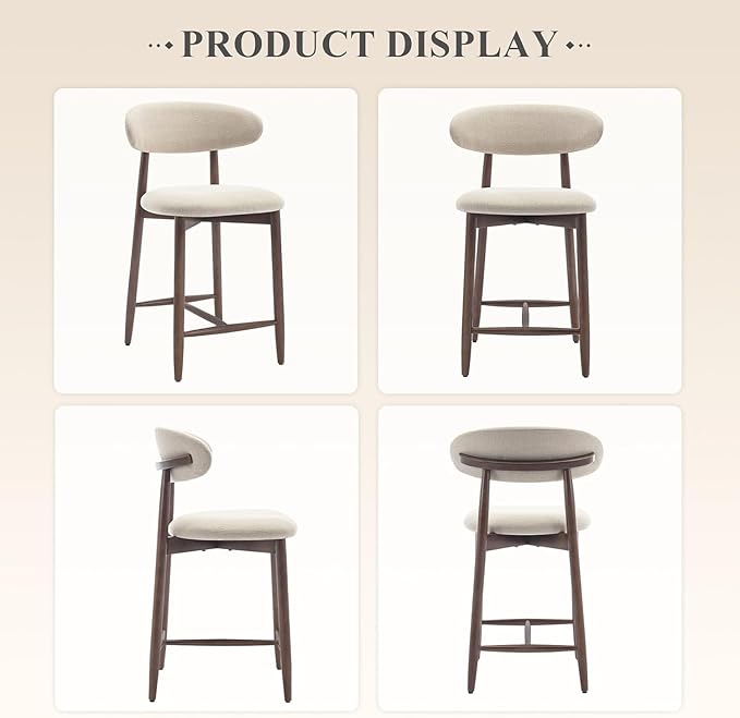 COLAMY Counter Height Bar Stools Set of 3, Upholstered Barstools with Back, Mid Century Modern Stools with Wood Legs for Kitchen Island Dining Room, Beige