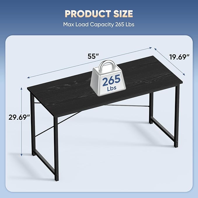 DUMOS 55 Inch Computer Desk for Home Office, Modern Study Work Table Simple Style for Bedroom Small Space, Large Writing Desks with X-Shaped Reinforcement, Black