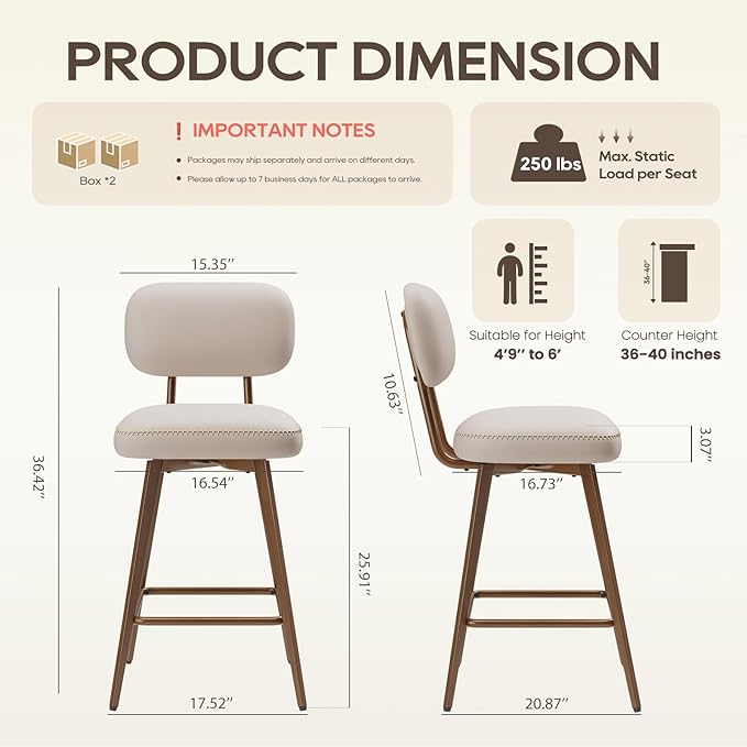 MALOL 26“ Swivel Bar Stools Set of 4, Mid Century PU Leather Counter Height Bar Chairs with Low Back and Metal Legs, Modern Bar Stool Chair for Kitchen Island, Beige