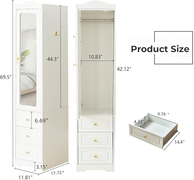 69.5" H Armoire Wardrobe Closet, Wood Bedroom Armoires Cabinet with Mirror Door and 3 Drawers, White Clothing Storage Cabinet with Hanging Rod & Sensor Light for Bedroom(Left)