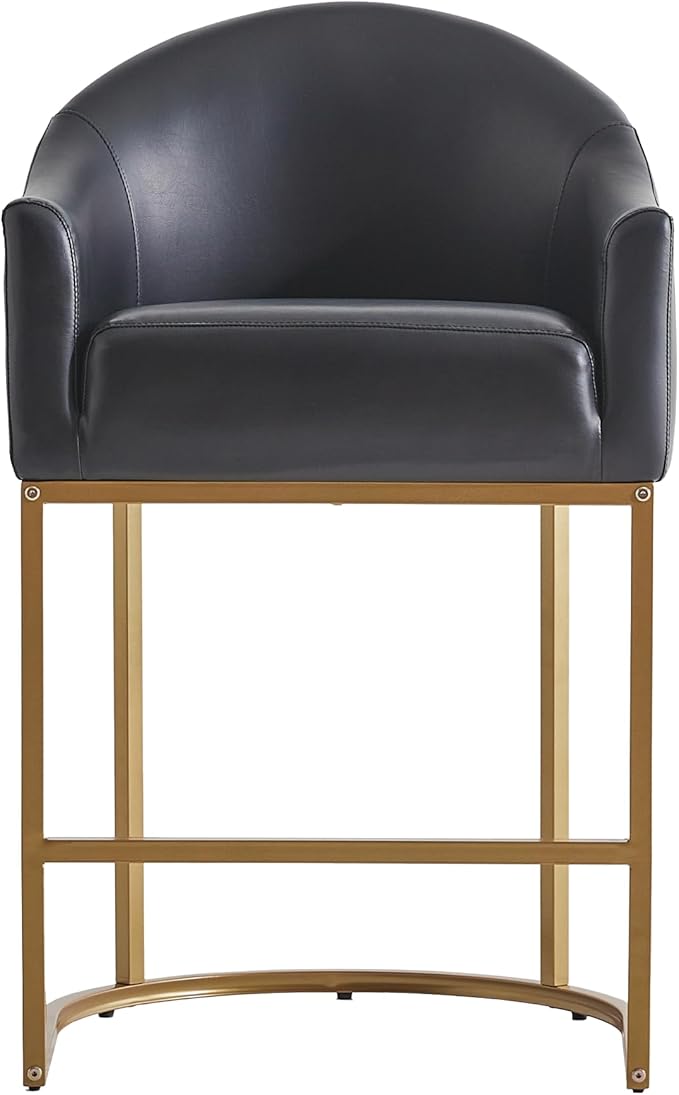 26" Modern Counter Height Bar Stools,Barstools with Arms,Kitchen Island Chairs,PU Leather Upholstered Barrel Bar stools with Backs,Metal Gold Frames,Ink Black Leather