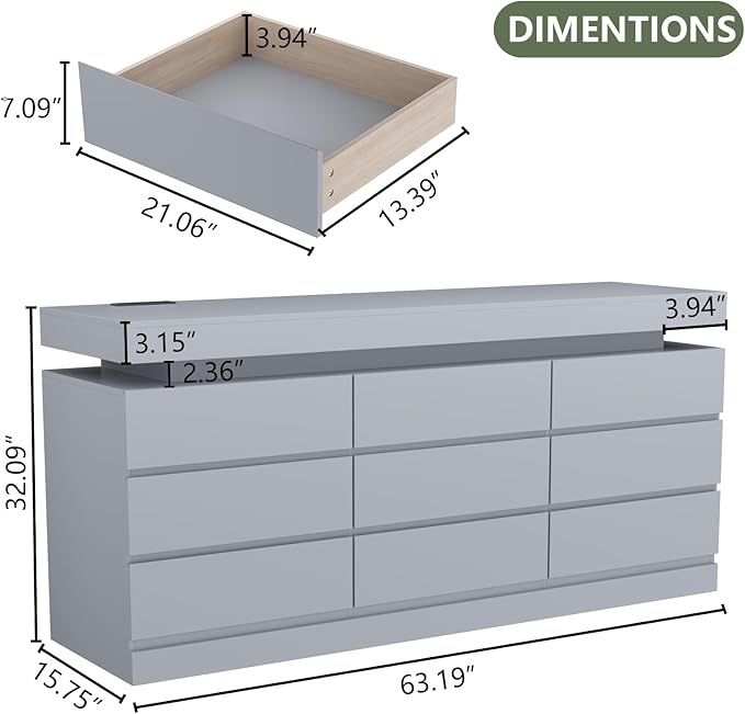 Gyfimoie 9 Drawer Dresser with Power Outlet, Dresser with LED Light, Modern Chest of Drawers for Closet, Double Wide Drawer Organizer Cabinet for Bedroom, Living Room (Grey, 9 Drawers)