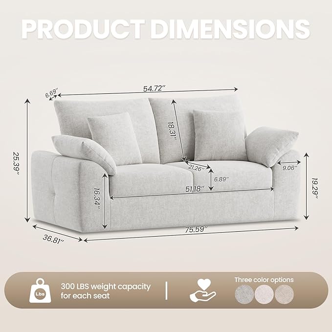 75.6" Modern Loveseat Sofa for Living Room, Cloud Boneless Couches with 4 Pillows, Mid Century Loveseat couches for Small Place, No Assembly Required, Beige