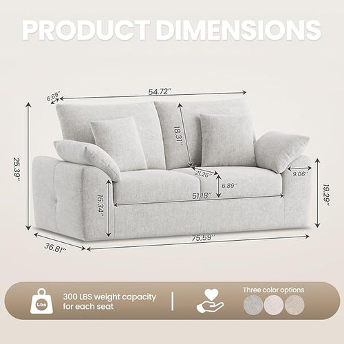 75.6" Modern Loveseat Sofa for Living Room, Cloud Boneless Couches with 4 Pillows, Mid Century Loveseat couches for Small Place, No Assembly Required, Beige
