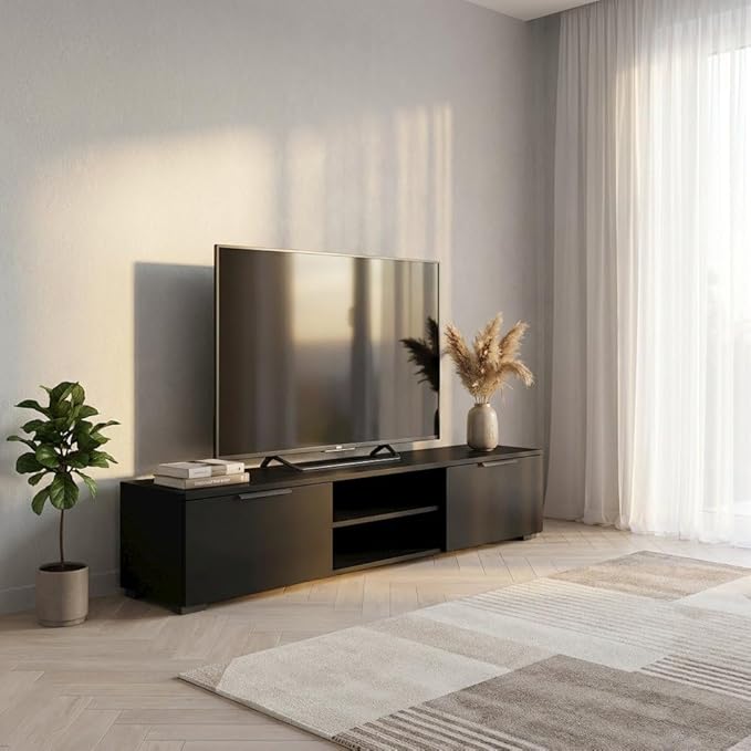 Furnifact Black Matte TV Console with 2 Drawers and 1 Shelf, Low-Profile Entertainment Center for Living Room or Bedroom, Modern Media Console