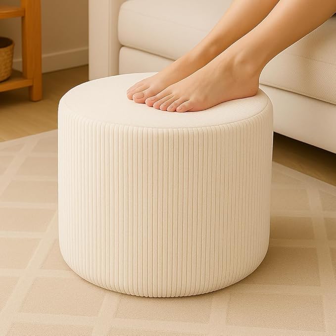 Corduroy White Ottoman Foot Rest Stool – Textured Boucle Corduroy Fabric Footstool with Soft Foam, Round Lightweight Pouf for Cozy Living Room, Bedroom – Warm White