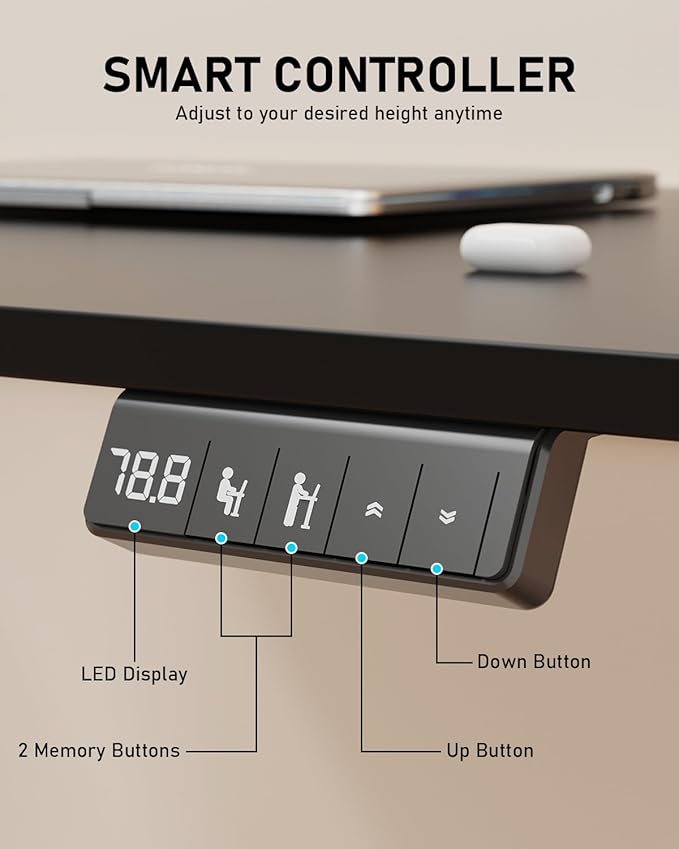 48" Electric Standing Desk Adjustable Height, Sit Stand up Desk for Home Office & Computer Workstation, 2 Memory Height Settings, Splice Board, 2 Hooks, Black Frame/Black Top
