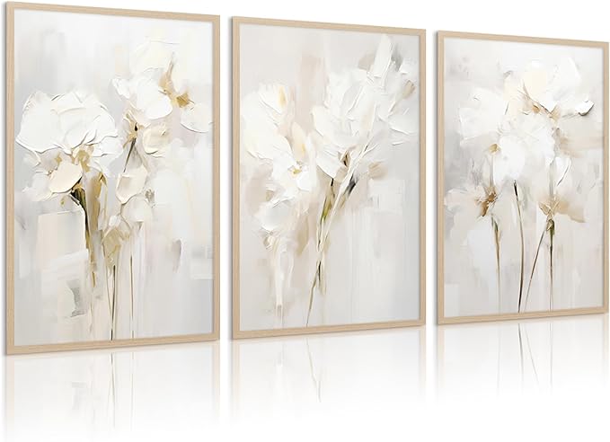 Neutral Wall Art Abstract Floral Canvas Pictures Beige Flower Wall Decor Modern Painting Minimalist Poster Abstract Botanical Prints White Artwork for Bedroom Living Room 12x16 Inch Unframed Set of 3