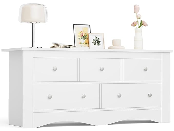 Furmax 5 Dresser for Bedroom, Wood Dresser, Chest of Drawers, for TV up to 65 inch, TV Stand Storage Chest of Drawers for Hallway, Entryway, Living Room (White)