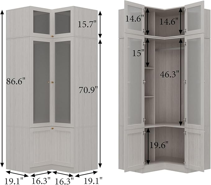 MOUMON 86.6" L-Shaped Corner Wardrobe with Frosted Glass Doors, Armoire Closet with Hanging Rod, Top Storage, Space-Saving, Light Oak 35.4”W x 35.4”D x 86.6”H