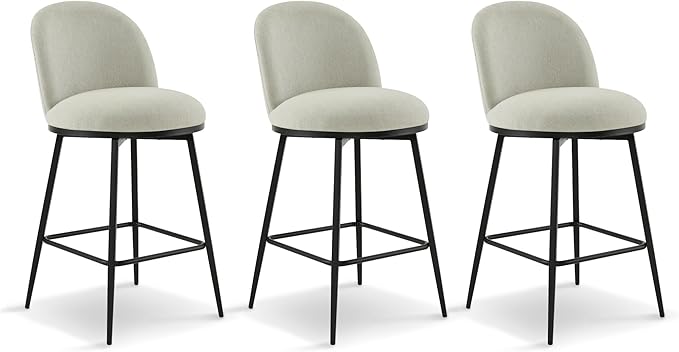26" Counter Height Swivel Bar Stools Set of 3, Upholstered Linen Fabric Barstools with Backs and Metal Legs for Kitchen Island,Grey