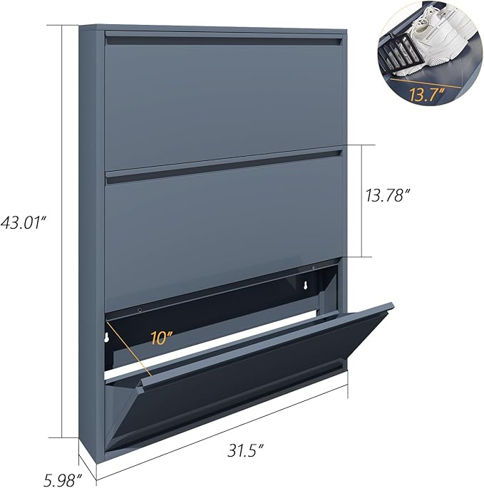 LUCYPAL Shoe Storage Cabinet with 3 Flip Drawers,Freestanding Organizer Metal Wall Shoe Cabinet for Entryway, Narrow Shoe Rack Cabinet for Living Room,Blue