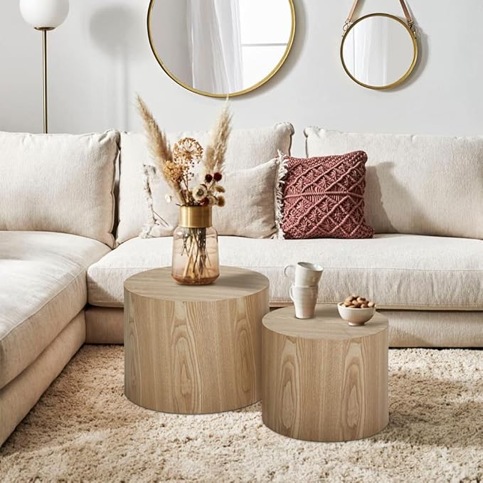 WILLIAMSPACE Nesting Coffee Table Set of 2, Round Wooden Coffee Tables Circle Modern Table for Small Space Living Room Bedroom Accent End Side Table (Wooden Color-Round)