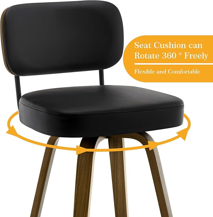 Bekrvio Swivel Bar Stools Set of 4, 29" Upholstered Faux Leather Barstools with Back and Bent Wood Legs, Mid Century Modern Bar Chair Island Stool for Kitchen Counter, Black