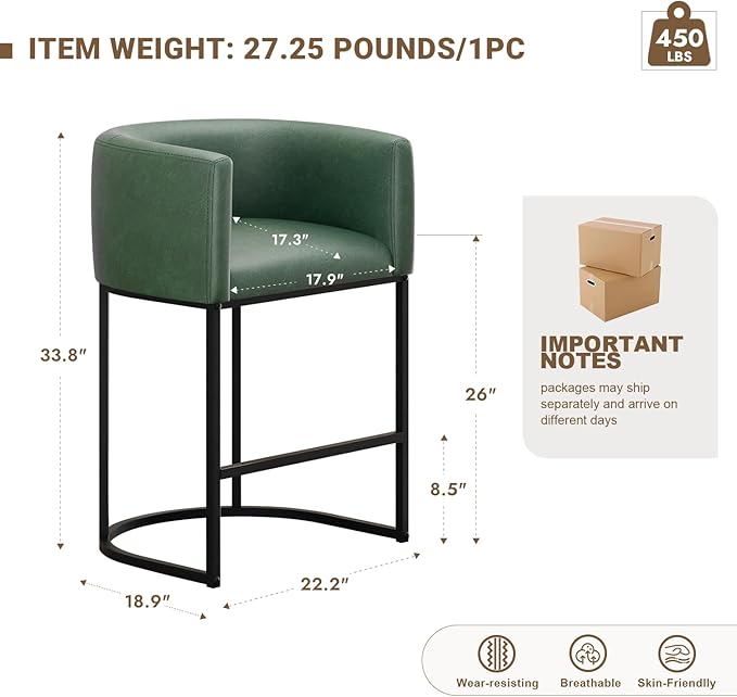 26" H Counter Height Bar Stools Set of 4, Modern Barrel Counter Stools with Backrest and Arms, Faux Leather Upholstered Accent Barstools for Kitchen Island,Support 450 LBS (Green)