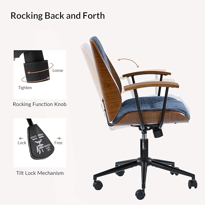 Modern Office Chair with Bentwood Polyester Upholstery Ergonomic Swivel Desk Chair with Adjustable Height for Home Office or Study Navy
