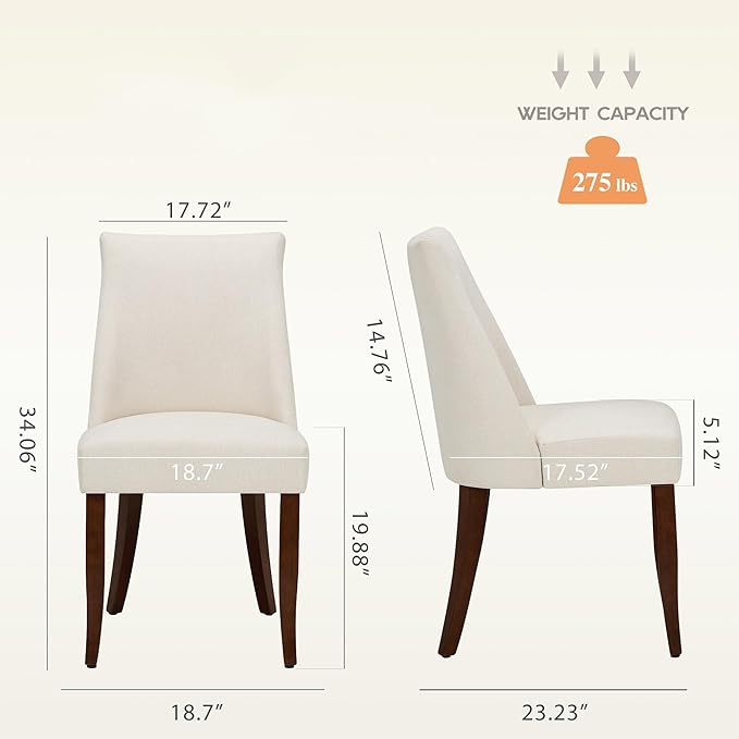 Wooden Dining Chairs Set of 2, Upholstered Farmhouse Fabric Dining Room Chair, Mid Century Kitchen Chair for Restaurant & Cafe, Beige