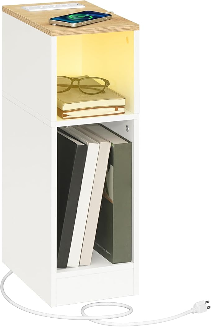MAHANCRIS Narrow Nightstand with LED Light, Narrow End Table with Charging Station, Skinny Bedside Table for Small Spaces, Mid Century Modern Night Stand for Bedroom, Natural and White ETNW30E01