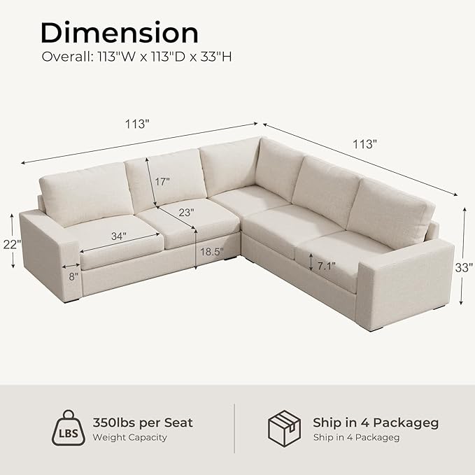 ELUCHANG 113" V-Shaped Modular Sectional Sofa Couch, Modern 5-Seat Comfy Linen Deep Seat Sofa with Corner, Removable Cover, Easy Assembly, Large Sofas & Couches for Living Room, Office, Beige | Spring Cushions, Easy to Clean, Deep Seat