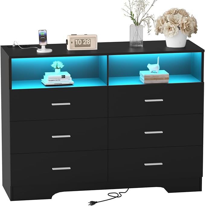 FJTJBSI Dresser with Power Outlets and LED Lights Wooden 6 Drawer Dresser with Large Organizer Tall Black Drawer for Bedroom Modern Chest of Drawers Closet for Living Room Kids Room