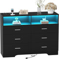 FJTJBSI Dresser with Power Outlets and LED Lights Wooden 6 Drawer Dresser with Large Organizer Tall Black Drawer for Bedroom Modern Chest of Drawers Closet for Living Room Kids Room
