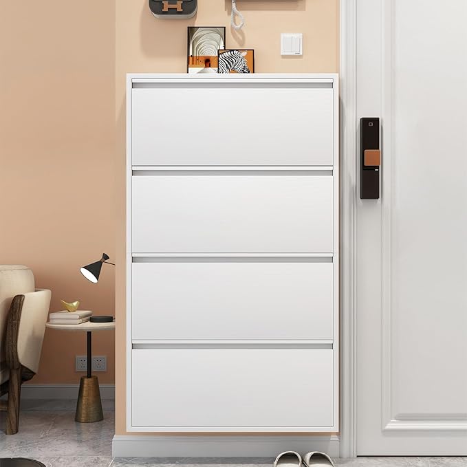 LUCYPAL Shoe Cabinet for Entryway,White Narrow Shoe Storage Cabinet with 4 Flip Drawers,Metal Slim Wall Mounted Shoe Cabinet for Entryway,Hallway,Living Room,White