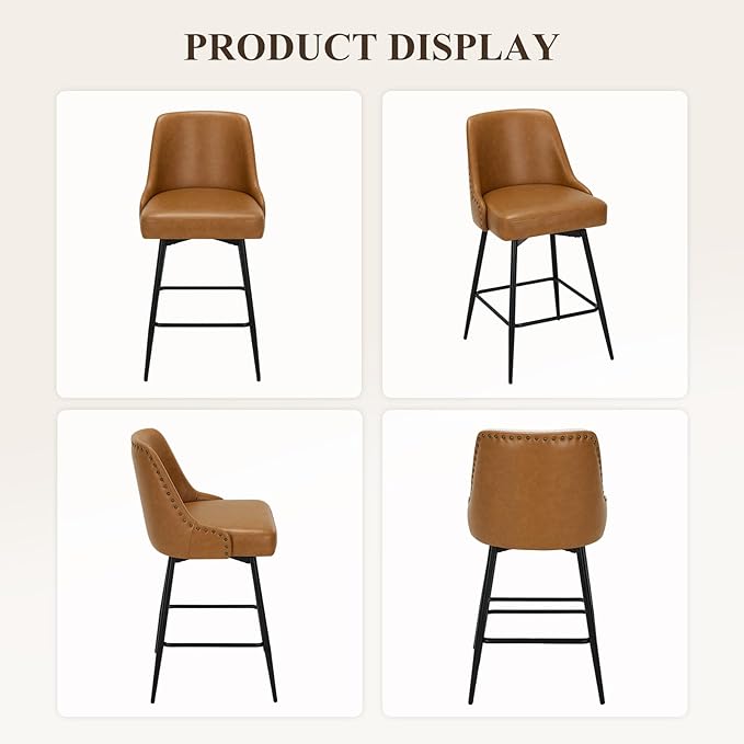MALOL Bar Stools Set of 4, 26" Swivel Counter Height Chairs with Back,Thick Padded Seat & Footrest,Modern Faux Leather Barstool for Kitchen Island,Dining Room,Pub,Brown