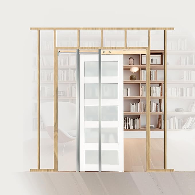 VEVOR Sliding Pocket Door, 30" x 80", 5-Lite Frosted Glass with Hardware Kit, Sturdy Solid Wood & MDF Pocket Doors Slab with Waterproof Surface, Pre-Drilled Doors Panel, Need to Assemble