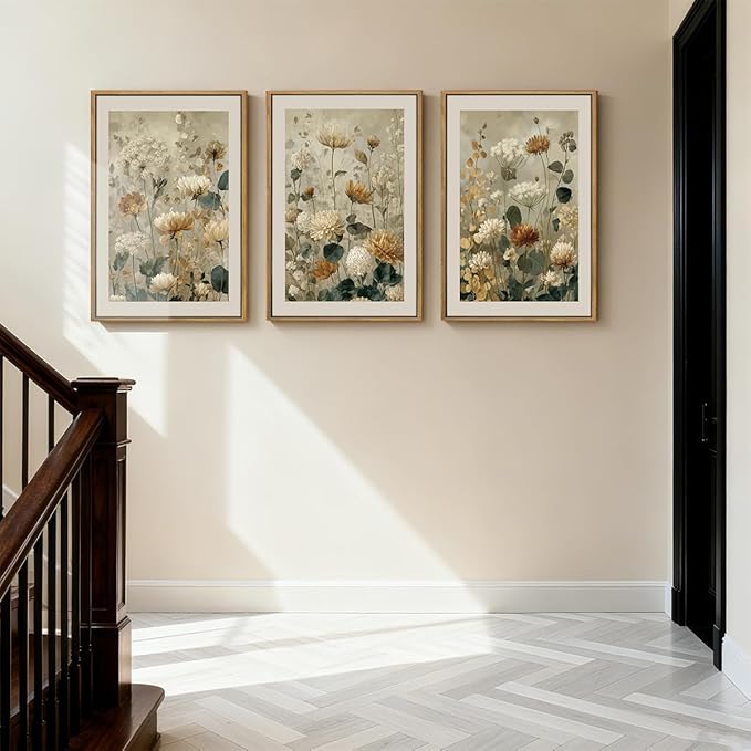Anyzal Large Neutral Wildflower Framed Wall Art 16x24 Inch Vintage Classic Floral Canvas Wall Decor Mid-century Modern Botanical Art Prints for Living Room Bedroom Dining room