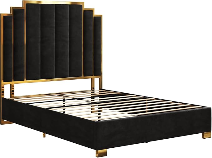 AMERLIFE Queen Size Upholstered Bed, Modern Velvet Bed Frame with 61.4” Tall Gold Trim Headboard, No Box Spring Needed, Black