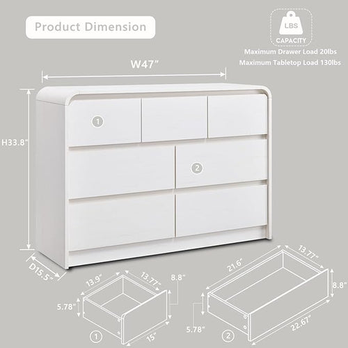 Aitjunz Modern 7 Drawers Dresser for Bedroom, 47" Wide Wood Dressers & Chests of Drawers w/Curved Profile Design, Mid Century Modern Dresser w/Natural Texture for Bedroom, Living Room,Antique White
