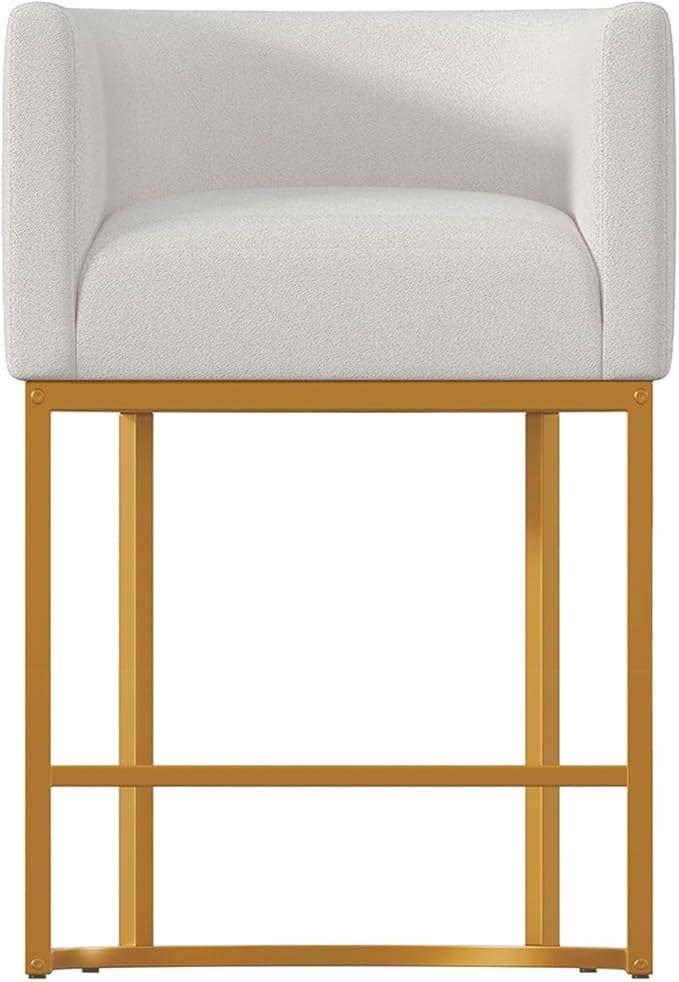 26" Modern Counter Height Bar Stools,Fabric Upholstered Barrel Barstools with Backs,Island Chairs bar stools Set of 1,Metal Gold Frames,Off White Linen