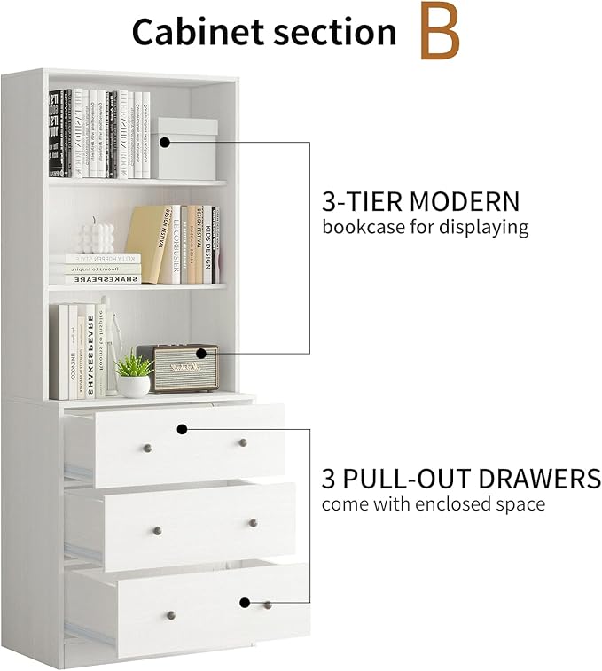 TUSY 71" H Bookshelf with Storage, 6-Tier Modern Bookshelves with 3 Large Drawer, Display Bookcase with Glass Doors, Modern 5-Tier Curio Cabinet for Home Office, Dining Room (White, BAB)