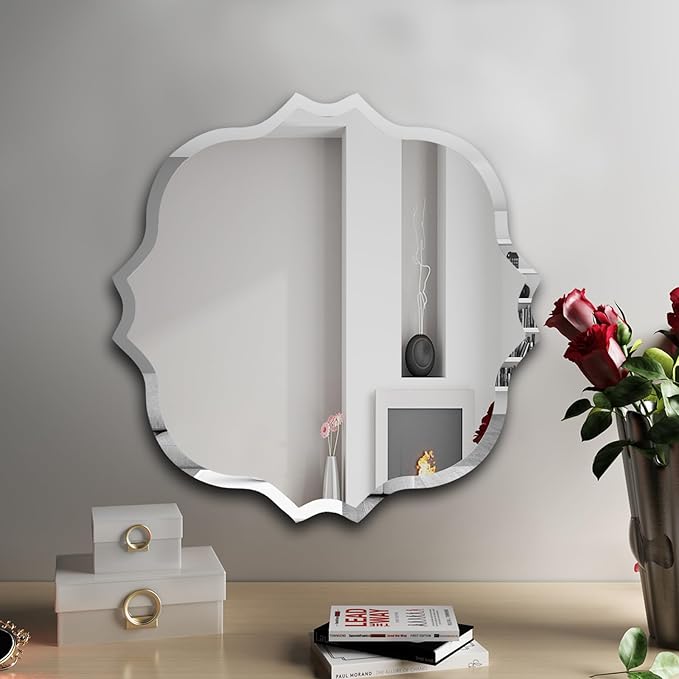 KOHROS Frameless Scalloped Mirror 24” x 24" Bathroom Wall Mirror w/Polished Shape Beveled Edge Mirror for Bathroom Vanity (Silver)