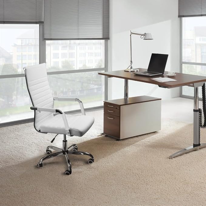 Furmax Ergonomic Office Desk Chair, Executive Ribbed Mid-Back PU Leather Conference Room Chair Adjustable Swivel Chair with Arms (4, White)
