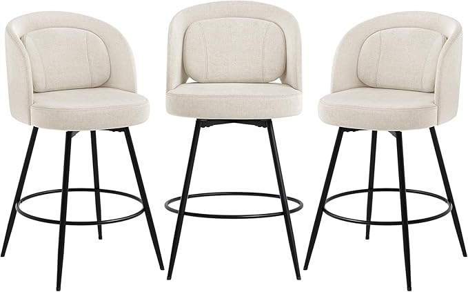 LUE BONA 26''H Swivel Bar Stools Set of 3, Counter Height Bar Stools with Backs, Lumbar Pillow and Black Metal Frames, Upholstered Morden Barstools for Kitchen Island, Linen Farbic, Linen Color