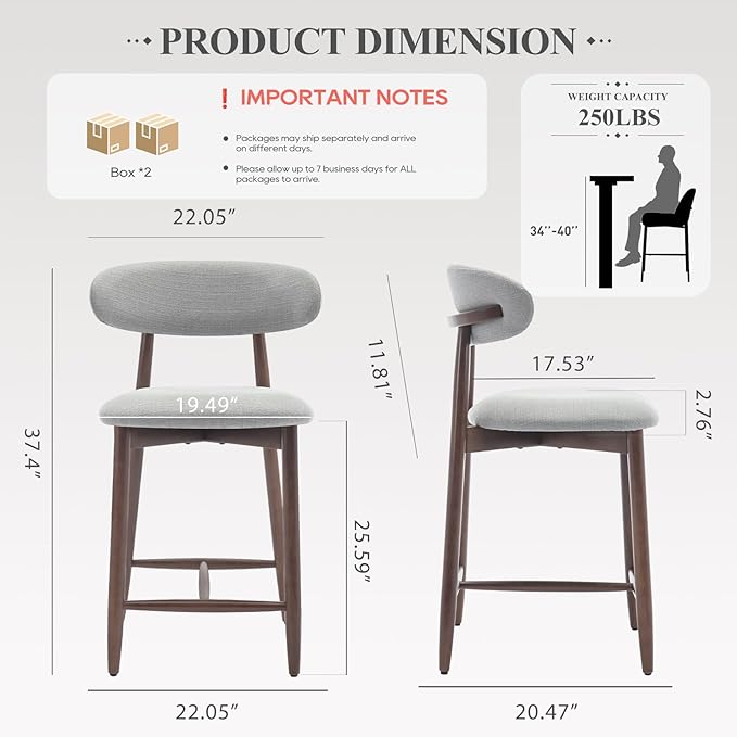 Upholstered Counter Height Bar Stools Set of 3, Kitchen Island Stools with Back, Modern Counter Stools Island Bar Chairs with Wood Legs for Kitchen Island Dining Room Bar, Light Grey