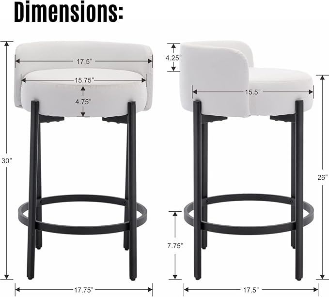 LukeAlon Modern PU Leather Counter Stools Set of 2, Upholstered 26" Seat Height Barstools with Black Metal Legs Round Low Back Kitchen Stools with Footrest for Dining Room Small Places, Cream White