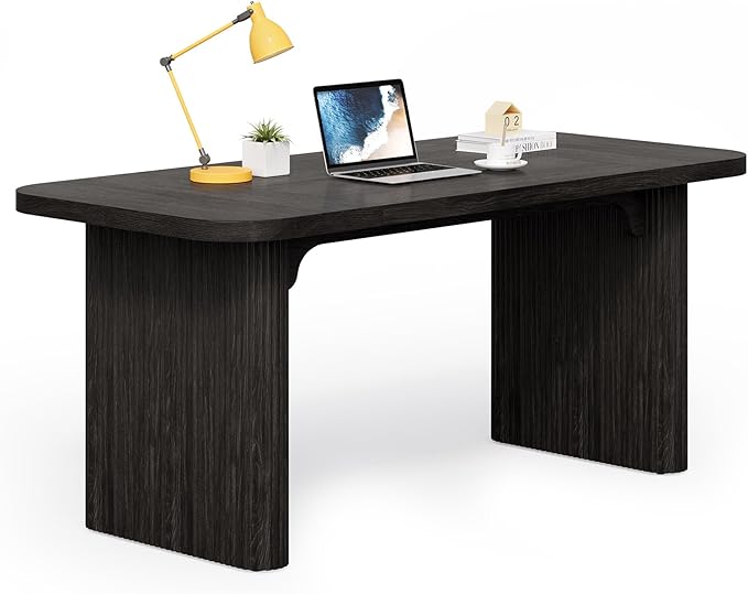 LITTLE TREE 62-Inch Computer Desk, Large Simple Writing Desk with Fluted Double Pedestal, Modern Home Office Desk, Wooden 5 Ft Small Conference Meeting Seminar Table, Charcoal Black