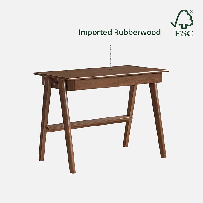 Walnut Color Home Office Desk, 100% Solid Rubber Wood Desk, Mid Century Modern Writing Computer Desk with Drawer for Sturdy Room, Bedroom 47.24" W