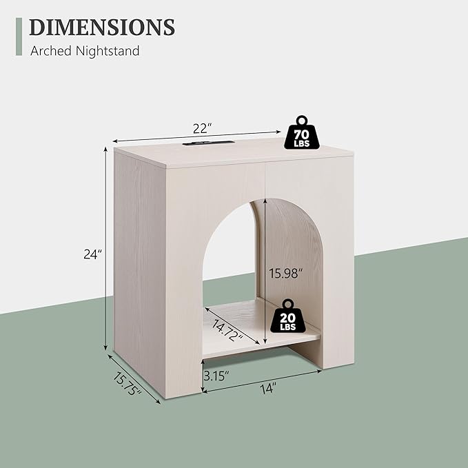 Arched End Table Set of 2 with Type-C Charging Station, 22" Modern Bedroom NightStand with Arched Shelf, Side Table with Outlet, USB, Type-C Port for Bedroom, Cream