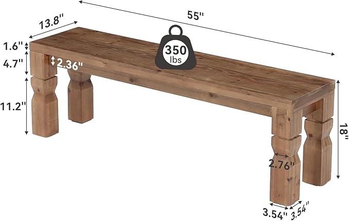 LITTLE TREE Solid Wood Bench, 55-Inch Long Farmhouse Wooden Bench Seat for Entryway, End of Bed, Dining Room, Living Room, Easy Assembly, Rustic Brown