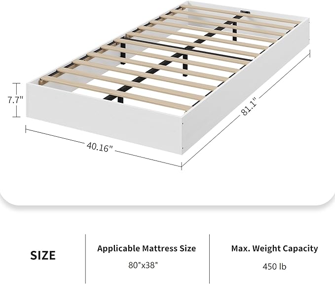 Garvee Twin-XL Size Wood Platform Bed Frame, Floor-Standing No-Gap Design, Modern Minimalist No Headboard Bed Frame, Wood Slat Support, No Box Spring Needed, Easy Assembly, White