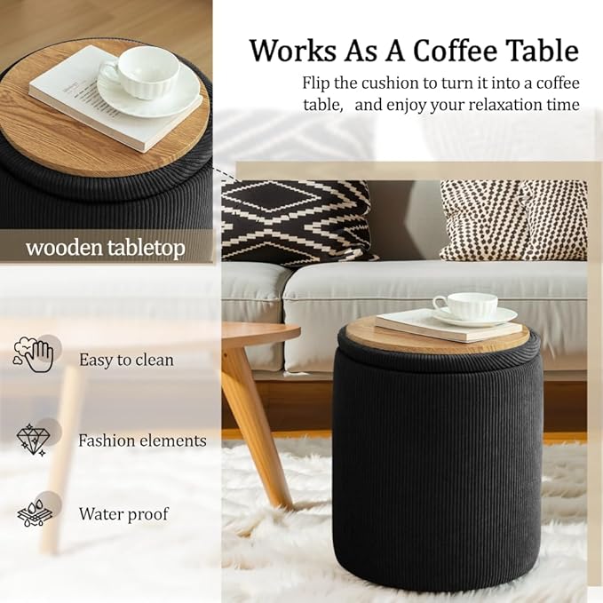 YSICK Round Ottoman with Storage, Set of 2, Small Vanity Stool as Vanity Chair, Corduroy Ottoman Foot Rest for Small Space, Living Room, Bedroom, Black