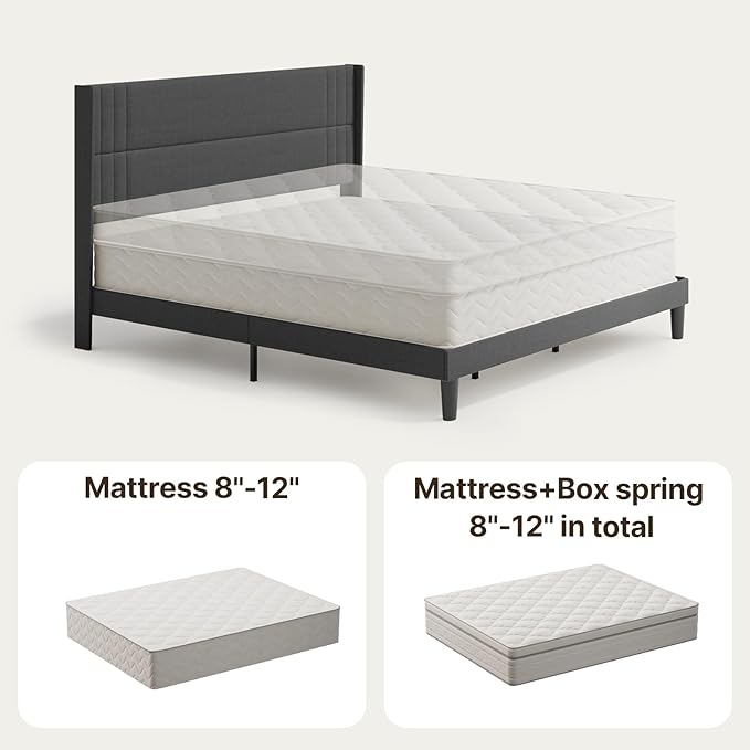Gizoon King Size Bed Frame, Wingback Upholstered Platform Bed with Steel Frame, Wooden Slats, Noise-Free, No Box Spring Needed