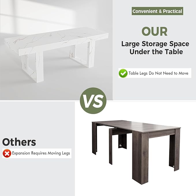 STHOUYN White Marble Extendable Dining Room Table for 8 10, 70.9" (86.6") x 31.5", Rectangle Dinner Table for 6-10, Modern Expandable Retractable Kitchen Table (White)