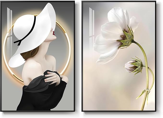 Framed Modern Woman Wall Art for Girls Bedroom, Set of 2 Black and White Luxury Floral Artwork for Walls, Large Bright Style Modern Art Picture Print for Living Room Office Hallway Bedroom, 20x30 Inch