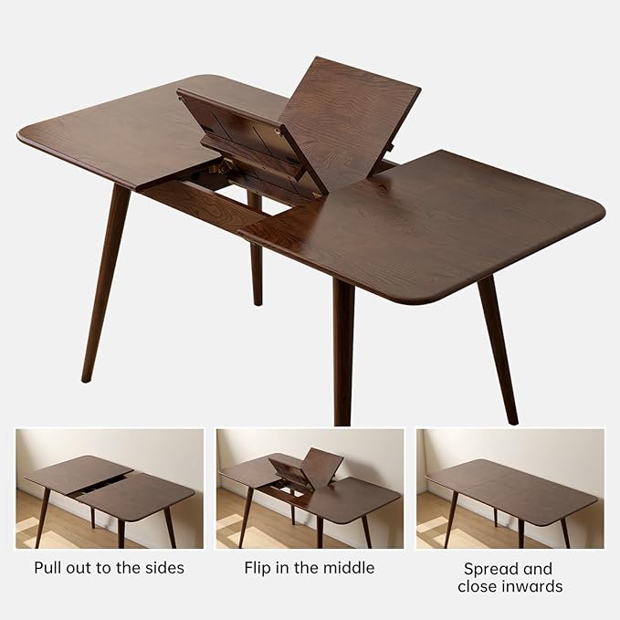 47’’-63’’ 100% Oak Extendable Dining Table and Bench Set, Solid Wood Folding Kitchen Table, Mid Century Modern Dinner Table for Kitchen, Apartment, Living Room (47''-63''+ 1 Bench)